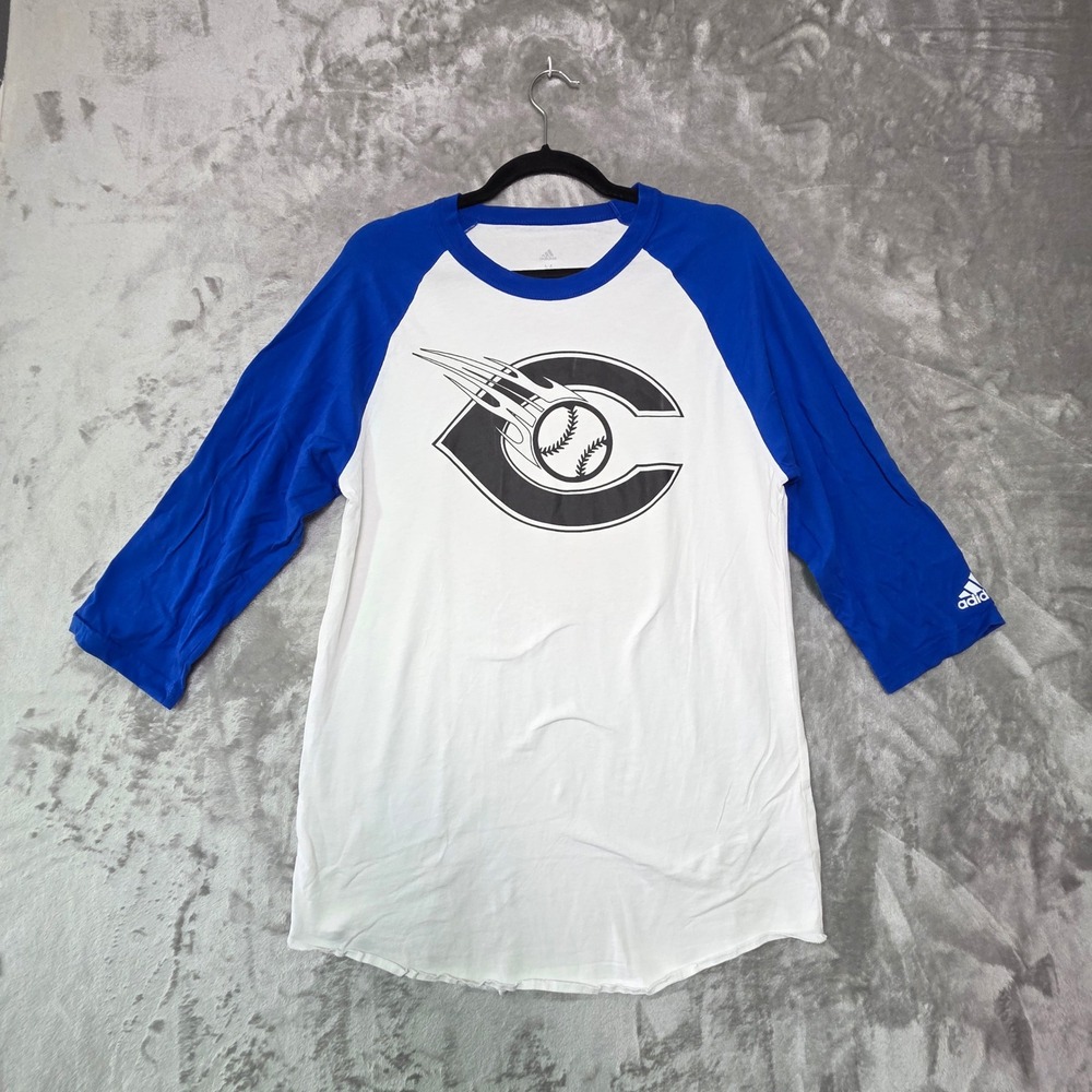 Adidas Baseball Raglan Tee Blue White 3/4 Sleeve Graphic Shirt Mens Medium
